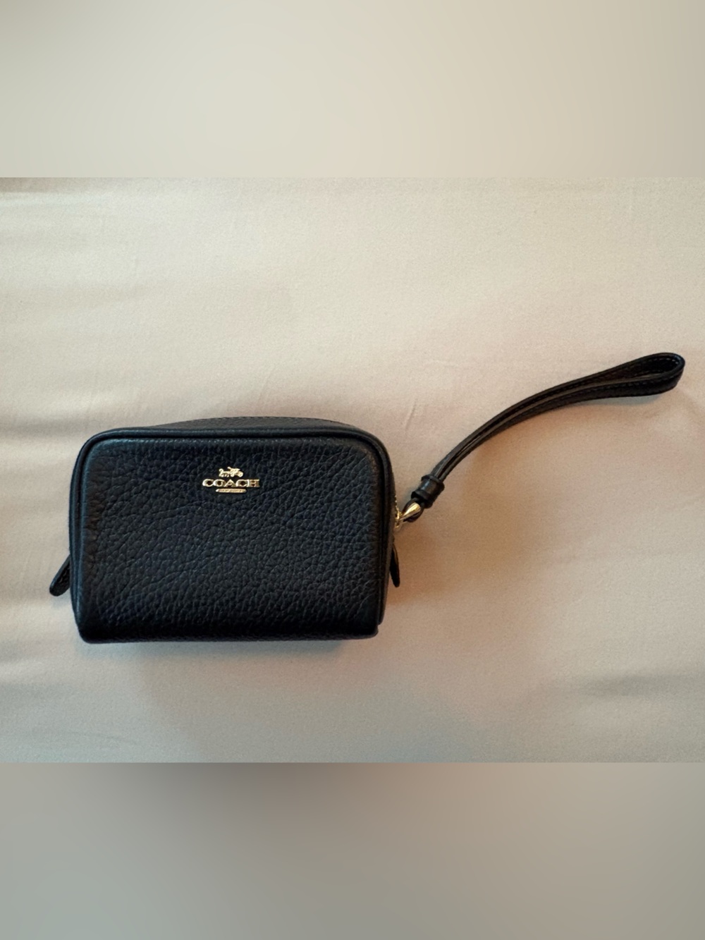 Coach Black Pebbled Leather Zip Wristlet with Gold Accent